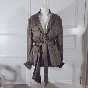 Vintage Joseph Ribkoff Satin Ruffled Trim Belted Jacket In Olive